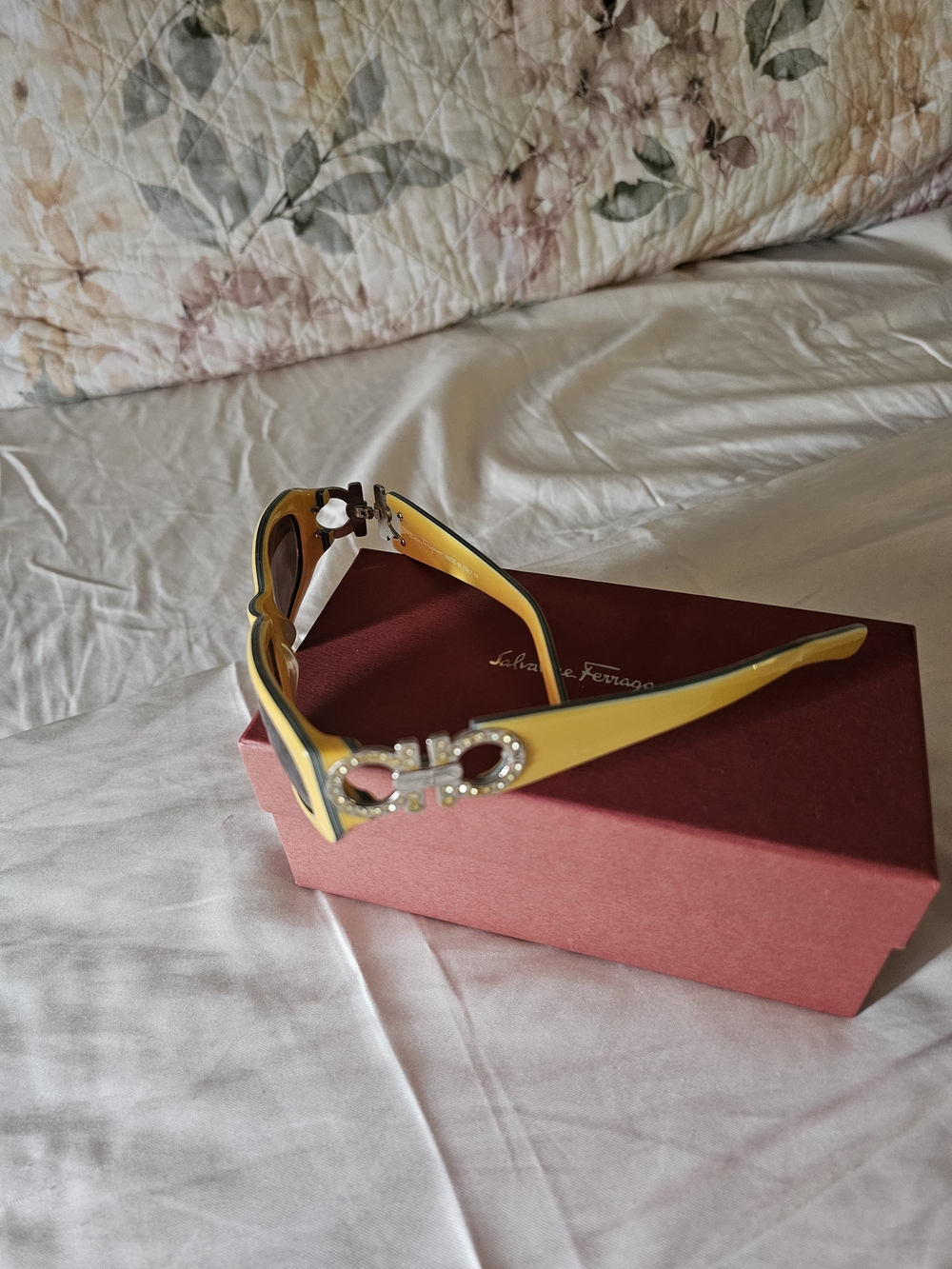 Authentic Vintage Salvatore Ferragamo Yellow Crystal Vara Bow Sunglasses.